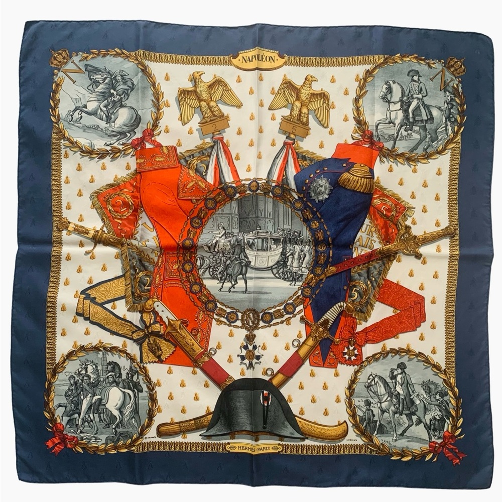 Hermes Carre 90 Jacquard Silk Scarf “Napoléon” in Navy blue Vintage